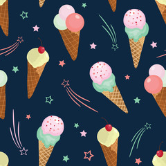 Fun ice cream and stars seamless pattern. Great for yummy summer dessert wallpaper, backgrounds, packaging, fabric, scrapbooking, and giftwrap projects. Surface pattern design.