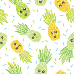 Cute pineapple faces seamless repeat pattern. Great for tropical summer theme wallpaper, backgrounds, packaging, fabric, scrapbooking, and giftwrap projects. Surface pattern design.