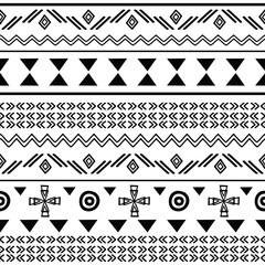 Tribal black on white seamless repeat pattern. Great for folk modern wallpaper, backgrounds, invitations, packaging design projects. Surface pattern design.