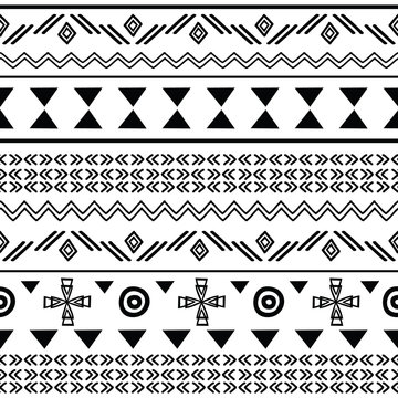 Tribal black on white seamless repeat pattern. Great for folk modern wallpaper, backgrounds, invitations, packaging design projects. Surface pattern design.