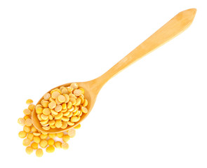 Yellow beans seeds in wood spoon on white background