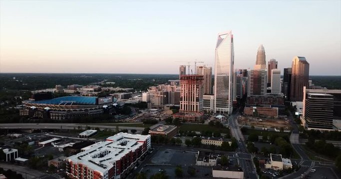 Sunset Sunlight Hits the Glass and Steel Architecture of Downtown Charlotte NC