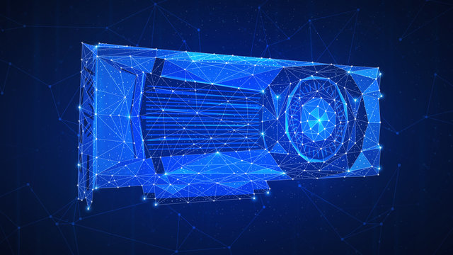 GPU mining futuristic hud banner. Crypto currency, mining server, video card farm futuristic hud background and blockchain polygon peer to peer network. Global mining banner concept. Low poly design.