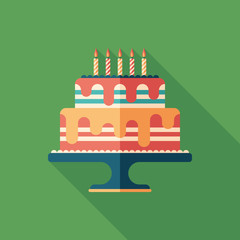 Birthday celebration cake flat square icon with long shadows.