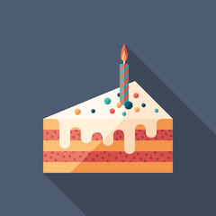 Piece of cake with one candle flat square icon with long shadows.