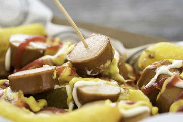 salchipapa, typical stew of Peruvian cuisine, based on potatoes and sausage.
