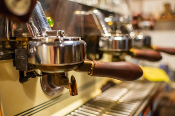 Close-up of espresso coffee machine. Professional coffee brewing