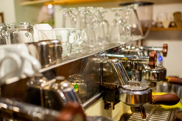 Close-up of espresso coffee machine. Professional coffee brewing