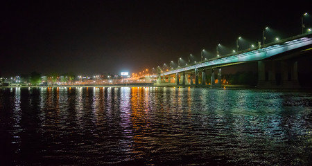 Night view of illuminated bridge above of river Don in Rostov-on-Don in Russia
