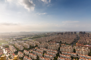 Aerial view of houses and building