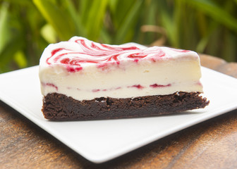 Chocolate brownie with strawberry swirl ice cream