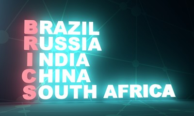 Acronym BRICS - Brazil, Russia, India, China, South Africa trade union. Business conceptual image. 3D rendering. Neon bulb illumination. Global teamwork
