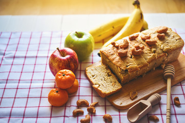 Banana Cake with cashew nuts, ready to serve as a healthy snack.