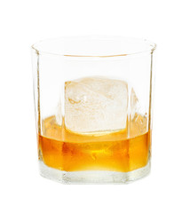 Shape design glass of whisky with ice ball and cold wet steam vapor close up isolated on white background with clipping path