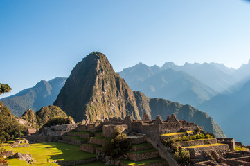 Fototapeta na wymiar View of the amazing Machu Picchu, the lost Incan city, Wayna Picchu and mountains. Machu Picchu is One of the New Seven Wonders of the world. Peru