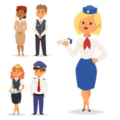 Pilots and stewardess vector illustration airline character plane personnel staff air hostess flight attendants people command.