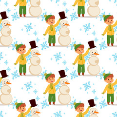 Christmas kid boy vector character playing winter games winter children holidays christmas snowman cartoon new year xmas kid seamless pattern background
