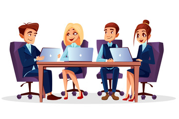 Vector cartoon business people sitting at desk with laptops communicating at brainstorming, meeting or conference. Teamwork, teambuilding concept. Happy men, women characters, managers office workers