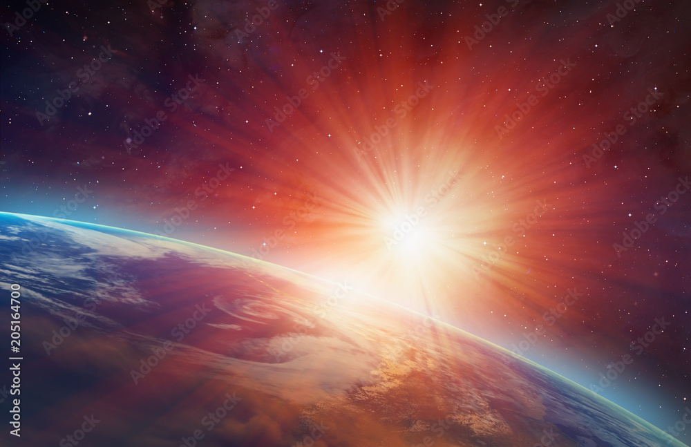 Poster earth from outer space with millions of stars around it.