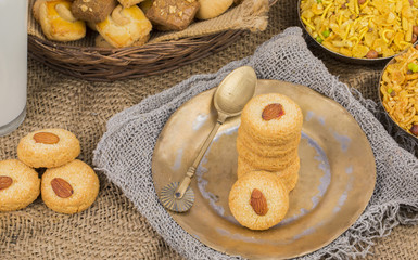 Fototapeta na wymiar Healthy Homemade Sweet Almond Cookies or biscuits Also Know as Nan Khatai on vintage background