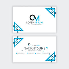 Simple Business Card with initial letter CM rounded edges with a blue and gray corner decoration.