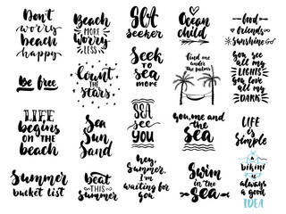 Hand drawn seasons set of lettering phrase about Summer holiday isolated on the white background. Fun brush ink vector illustration for banners, greeting card, photo overlays.