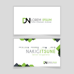 Simple Business Card with initial letter DN rounded edges with green accents as decoration.