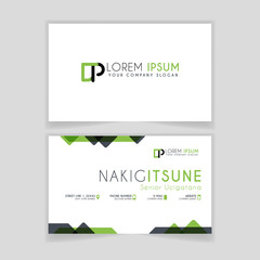 Simple Business Card with initial letter DP rounded edges with green accents as decoration.