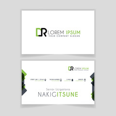 Simple Business Card with initial letter DR rounded edges with green accents as decoration.