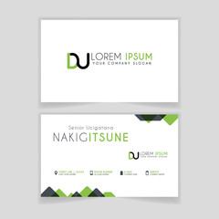 Simple Business Card with initial letter DU rounded edges with green accents as decoration.