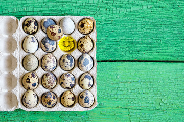 Fresh raw quail eggs in packaging on natural wooden background, close-up flat lay, copy space

