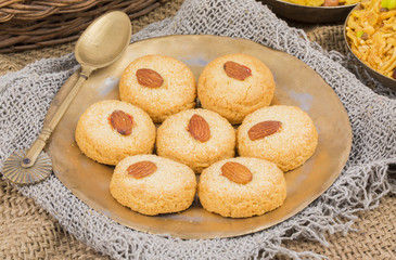Healthy Homemade Sweet Almond Cookies or biscuits Also Know as Nan Khatai on vintage background