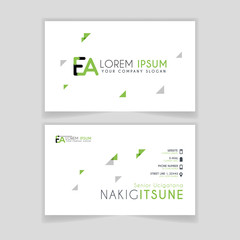 Simple Business Card with initial letter EA rounded edges with green accents as decoration.