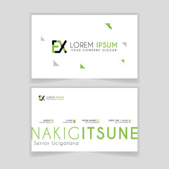 Simple Business Card with initial letter EX rounded edges with green accents as decoration.