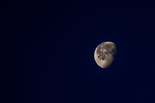 Real waning gibbous moon at northern hemisphere in the early morning.  Rough surface of the moon