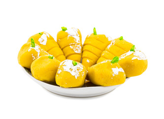 Indian Sweet Food Mango Mawa Pedha or Peda isolated on White Background