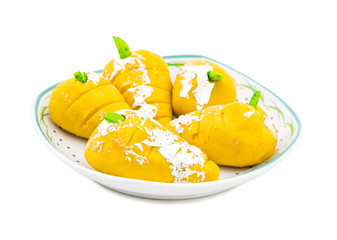 Indian Sweet Food Mango Mawa Pedha or Peda isolated on White Background