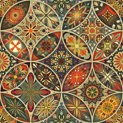 Seamless pattern with decorative mandalas. Vintage mandala elements. Colorful patchwork.