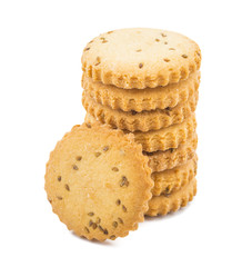 Stacked Salted Cumin Cookies or Jeera Cookies as we call them in India are ideal for tea time. Little Sweet and Little Salty isolated on White Background