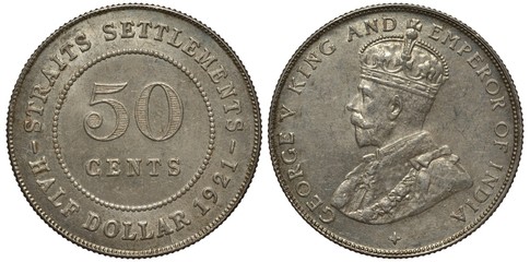 British Straits Settlements coin half dollar 1921, denomination in circle of beads, bust of King George V left, crown, mantle, colonial time, silver,