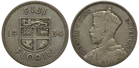 British Fiji coin one florin 1934, arms divides date, bust of King George V left, crown, mantle, colonial time, silver,