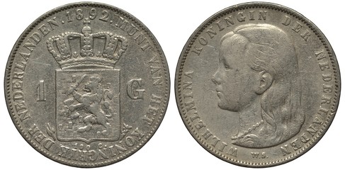 The Netherlands Dutch coin one gulden 1892, crowned shield with lion, Queen Wilhelmina head left, silver,