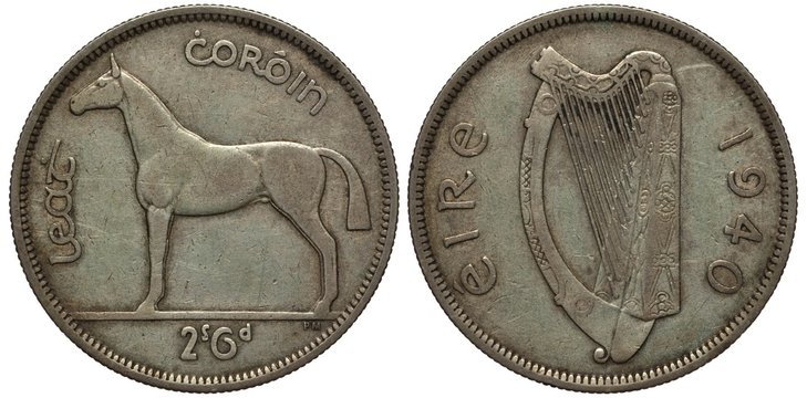 Ireland, Irish coin half crown 1940, horse left, harp, silver,