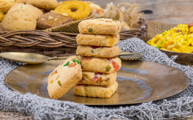 Delicious Tutti Frutti Cookies or Biscuits Also Know as Candied Fruits Cookies on Vintage Background