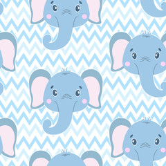 Cute vector seamless pattern with elephant face. On white zigzag background. Cartoon illustrration.