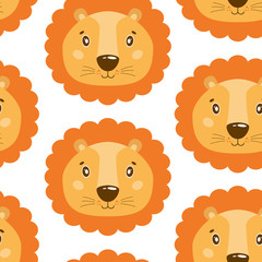 Obraz na płótnie Canvas Cute vector seamless pattern with lion face. On white background.