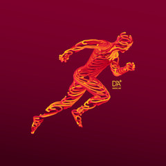 Fototapeta na wymiar Running man. Emblem for marathon and jogging. 3d model of man. Vector Illustration. Wire connection to virtual reality.