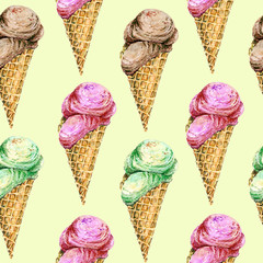 Seamless texture with ice cream in a waffle cone on a yellow background