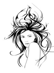 Sketch of the face of a fashion girl with flying hair. Fashion girl face.