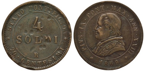 Naklejka premium Vatican city coin four soldi equals twenty centecimo 1869, ruler Pius IX, large denomination in center, Pius IX bust left, 